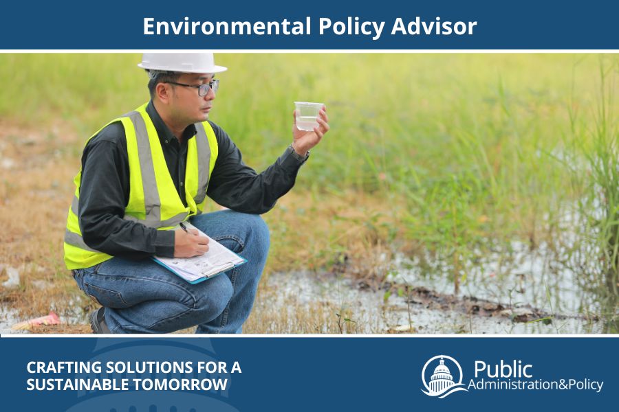 Environmental policy advisor taking a water sample and recording data in the field