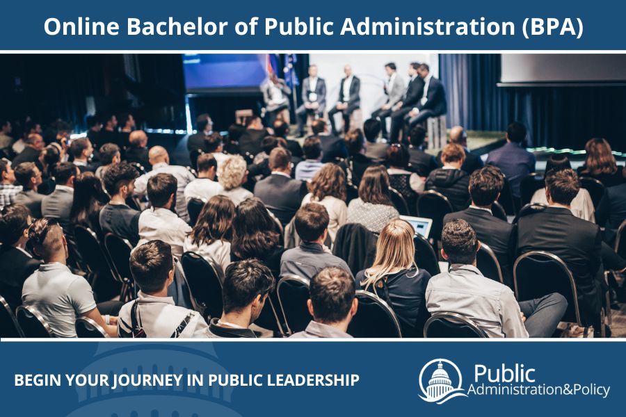 A large group of students sitting in chairs at a conference, symbolizing the Bachelor of Public Administration program