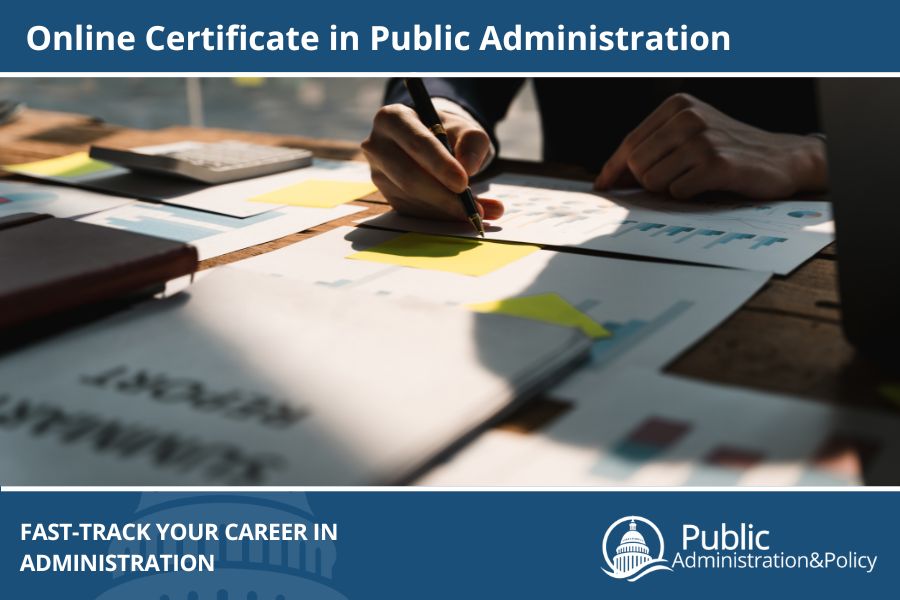 A student working at a desk with papers and a pen, illustrating the Certificate in Public Administration program