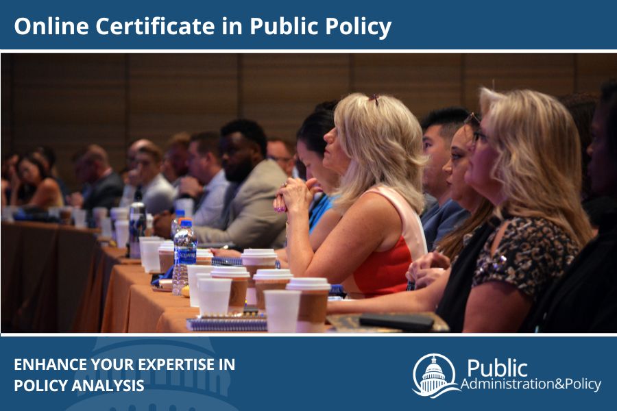 A group of students sitting at a long table, representing the Certificate in Public Policy program