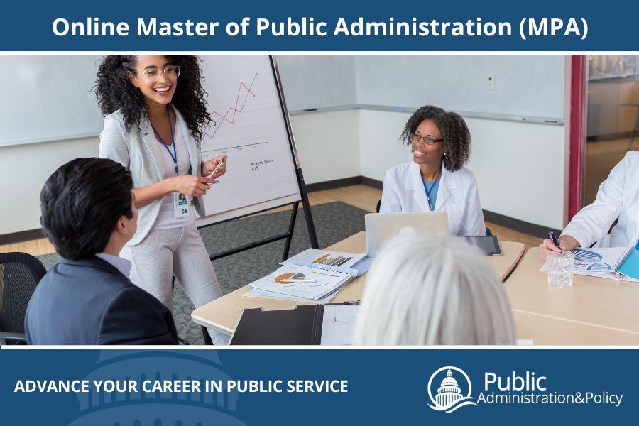 A group of students sitting around a table in a small classroom, symbolizing the Master of Public Administration program