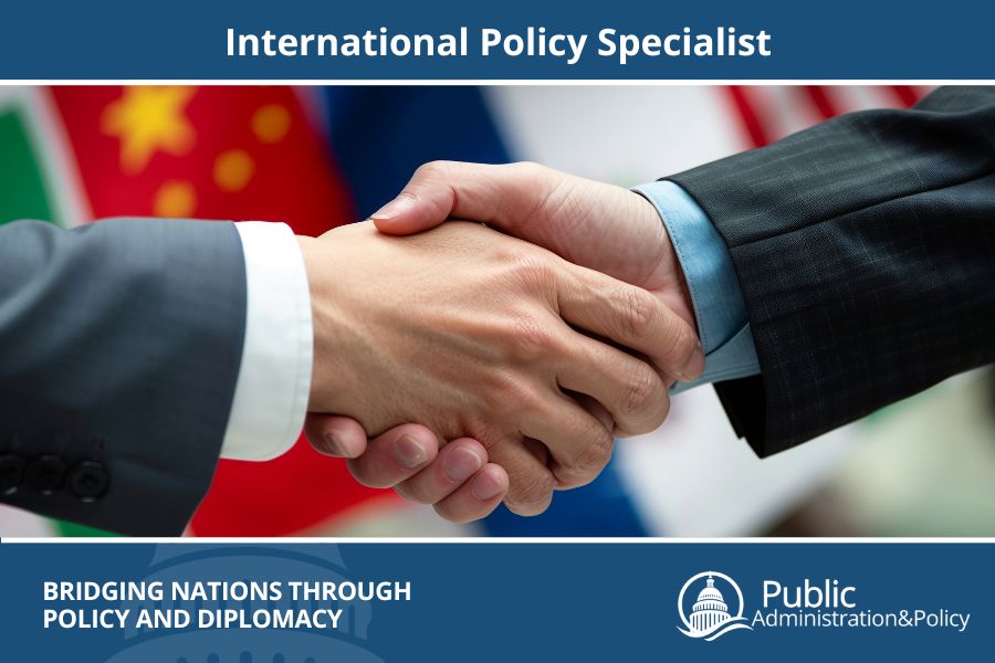 Two international policy specialists shaking hands with world flags in the background