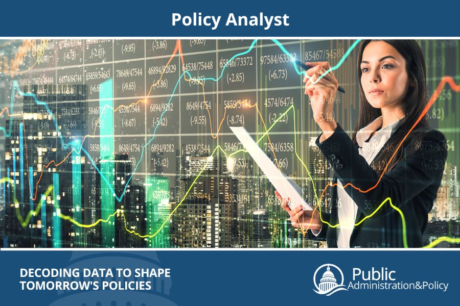 Abstract image of a policy analyst managing data on a glass monitor