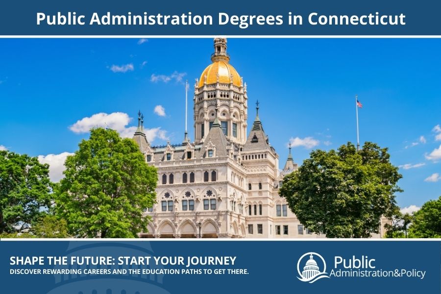 Connecticut State Capitol building in Hartford, showcasing Gothic Revival architecture and housing key Public Administration offices.