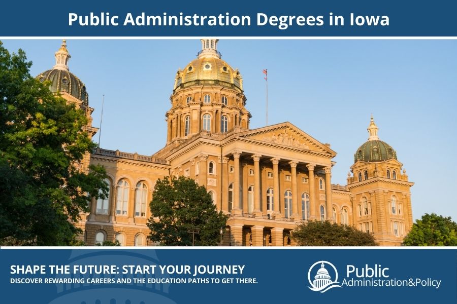 Iowa State Capitol building in Des Moines, a golden-domed landmark central to Public Administration in the Midwest.