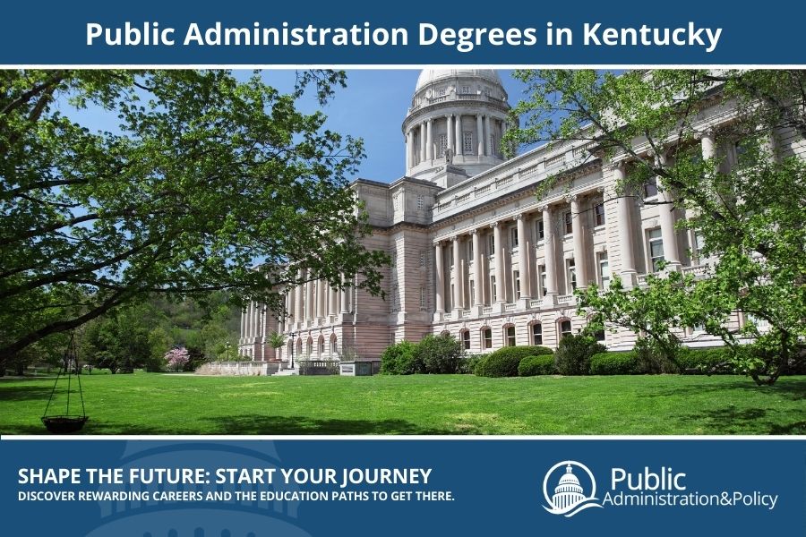 Kentucky State Capitol building in Frankfort, nestled in greenery and central to Public Administration in the Bluegrass State.