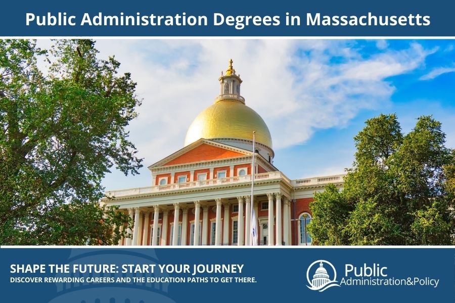 Massachusetts State House in Boston, with its iconic golden dome representing Public Administration in the Bay State.