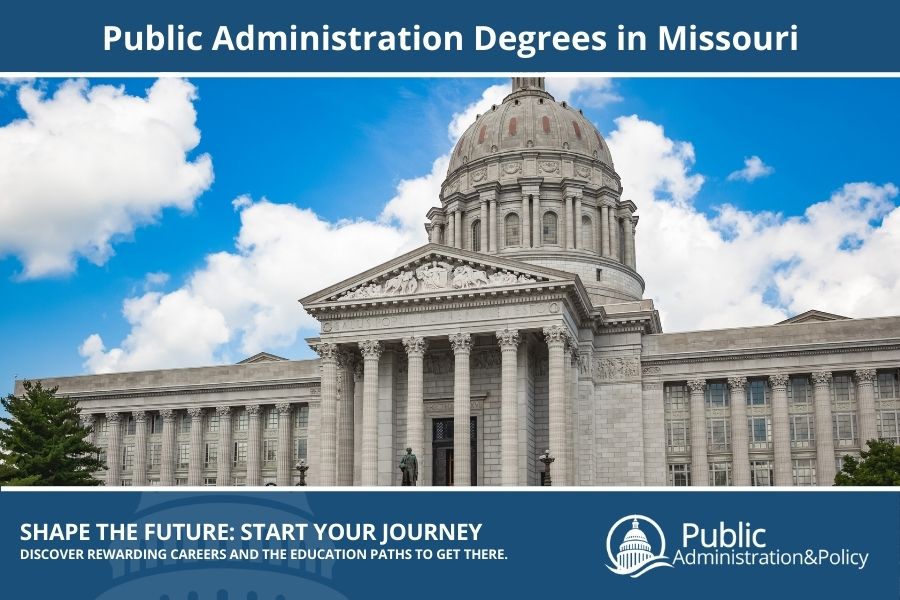 Missouri State Capitol building in Jefferson City, overlooking the river and central to Public Administration in Missouri.