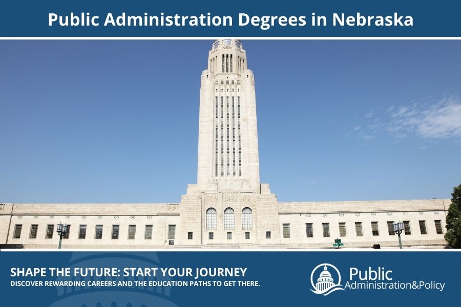 Nebraska State Capitol building in Lincoln, a skyscraper-style design symbolizing Public Administration in the state.