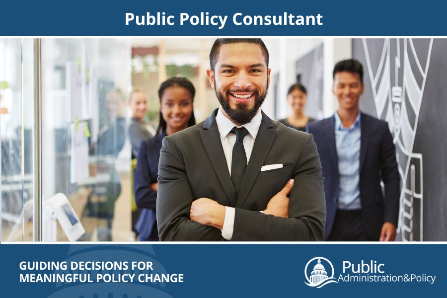 Public policy consultant in focus with blurred consultants in the background