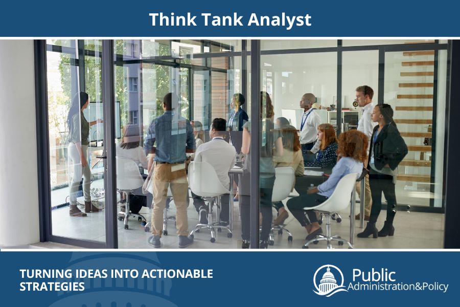 Group of think tank analysts meeting in a glass-walled room