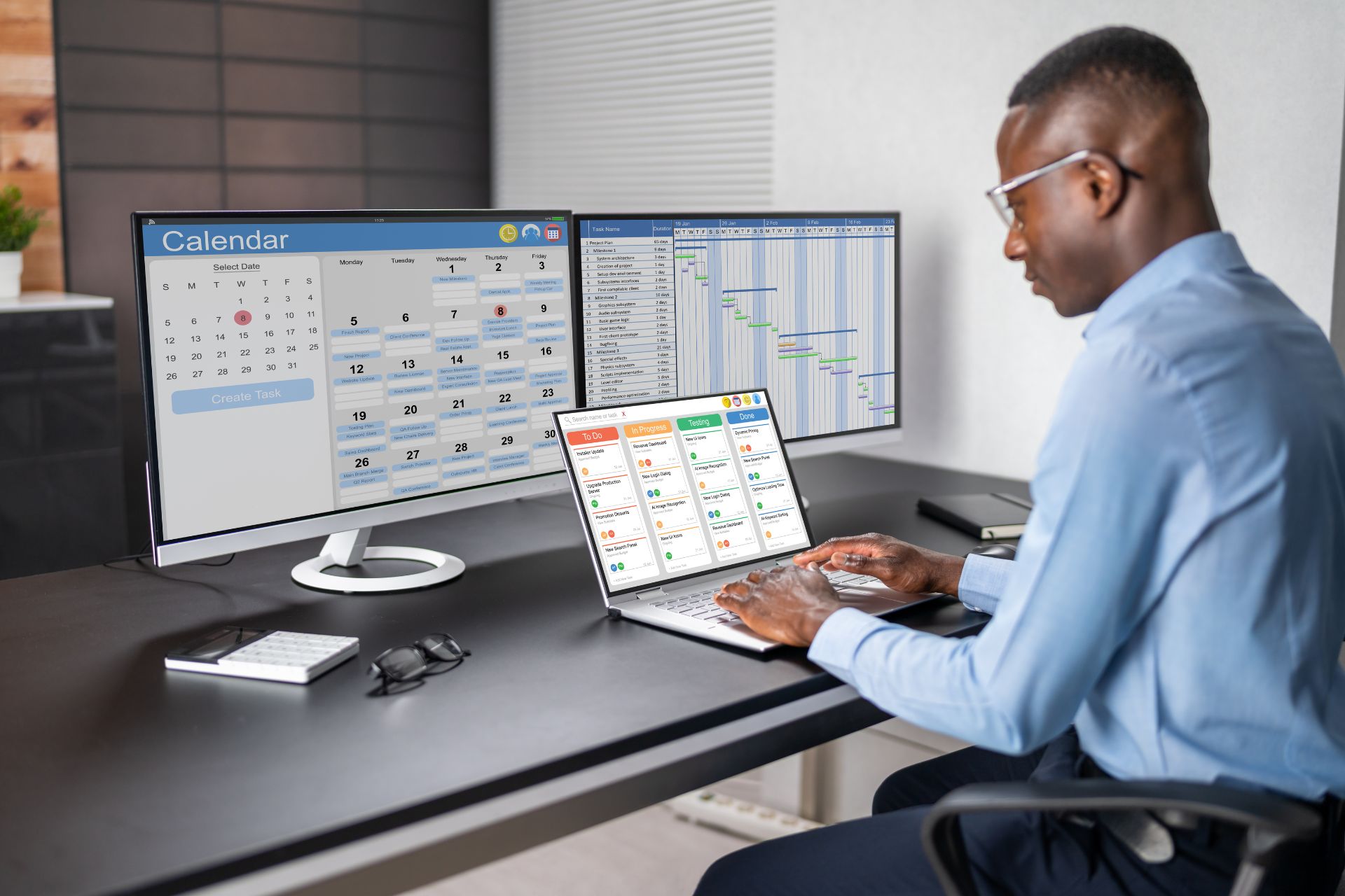 FAC-P/PM Certification Holder Working At His Desk With Multiple Computer Screens