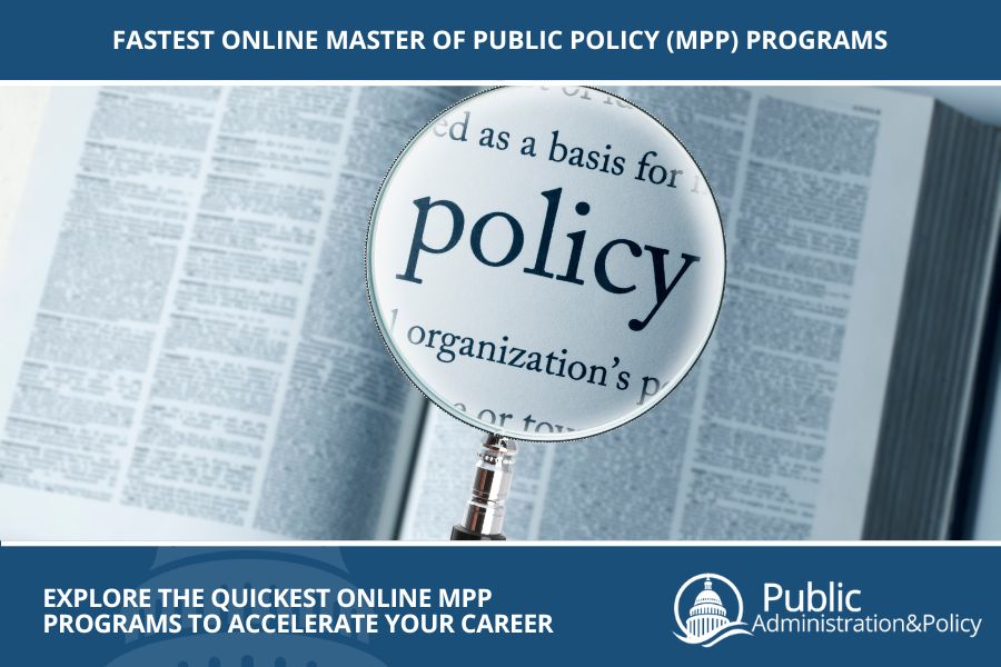 An open book with a magnifying glass focusing on the word 'policy,' representing the fastest online Master of Public Policy programs.