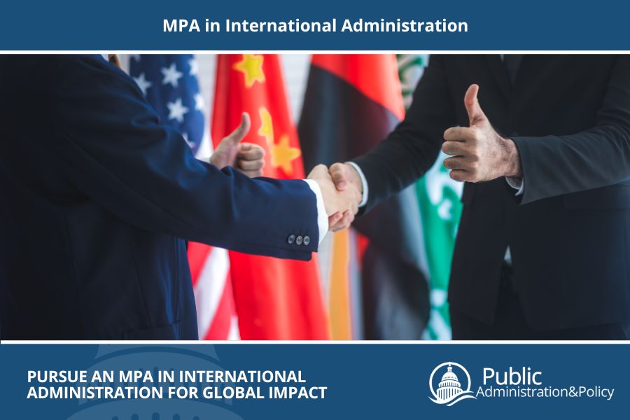 Two men shaking hands at an international meeting with flags behind them, symbolizing the MPA in International Administration