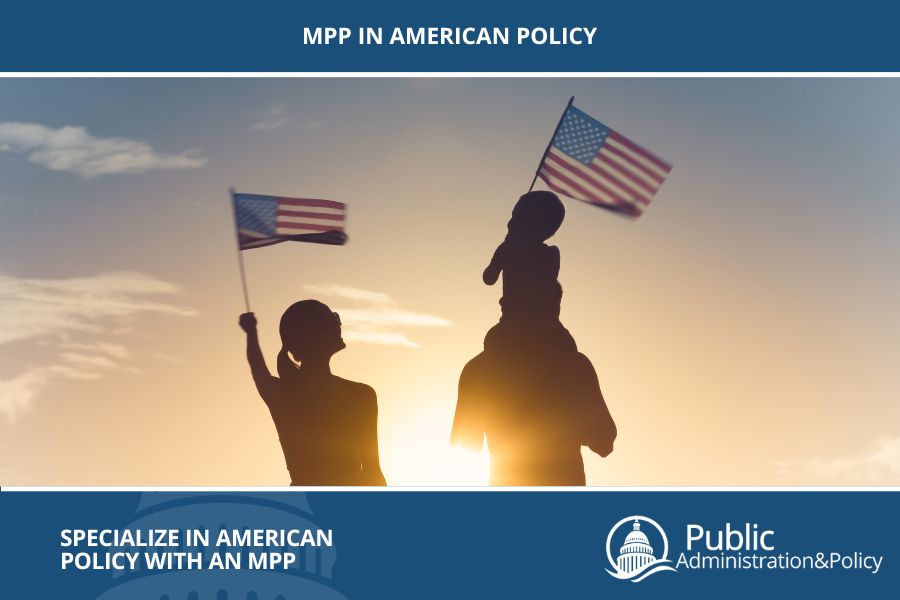 A silhouette of a family waving an American flag against a sunset, embodying MPP in American Policy.