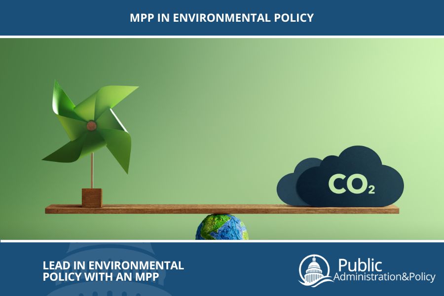 An illustration of a pinwheel and a CO2 cloud balanced on a seesaw on Earth, signifying leadership in environmental policy with an MPP.