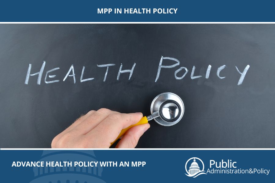 A chalkboard with 'Health Policy' written on it and a doctor pressing a stethoscope against it, symbolizing advancement in health policy with an MPP.