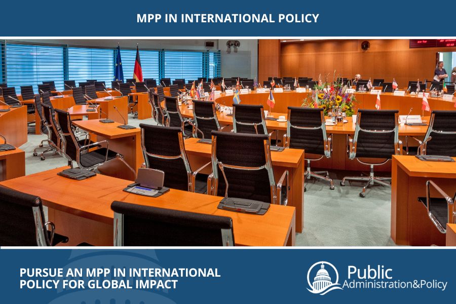 An international conference room with country flags at each seat, illustrating MPP in International Policy for global impact.