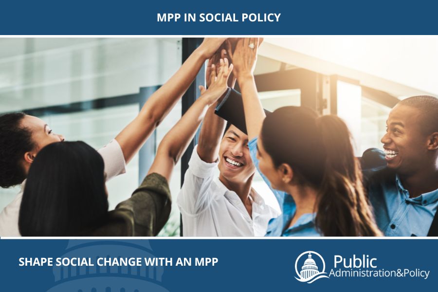 A group of diverse policymakers giving a group high-five, representing shaping social change with an MPP in Social Policy.