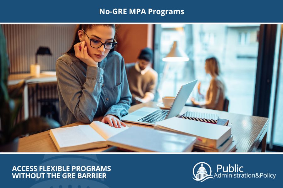 A woman deciding whether to take a GRE exam, illustrating No-GRE MPA Programs