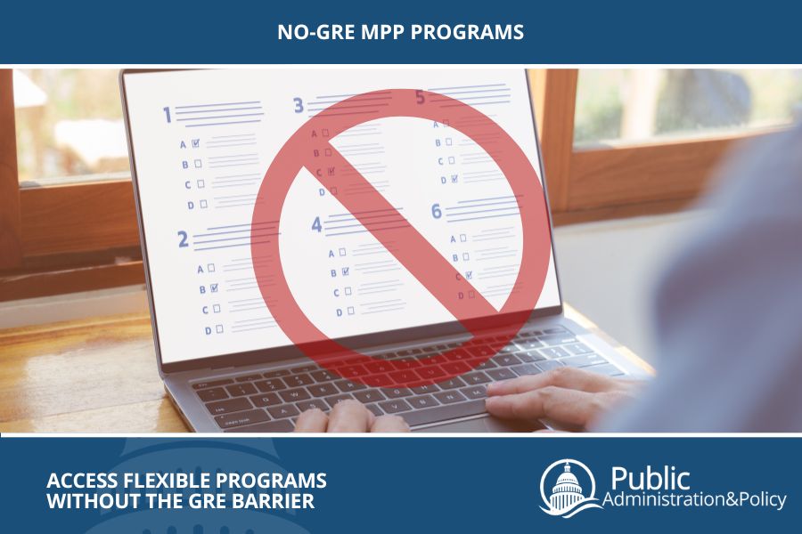 A student taking an online GRE exam with a prohibition symbol over the laptop screen, highlighting no-GRE MPP programs.