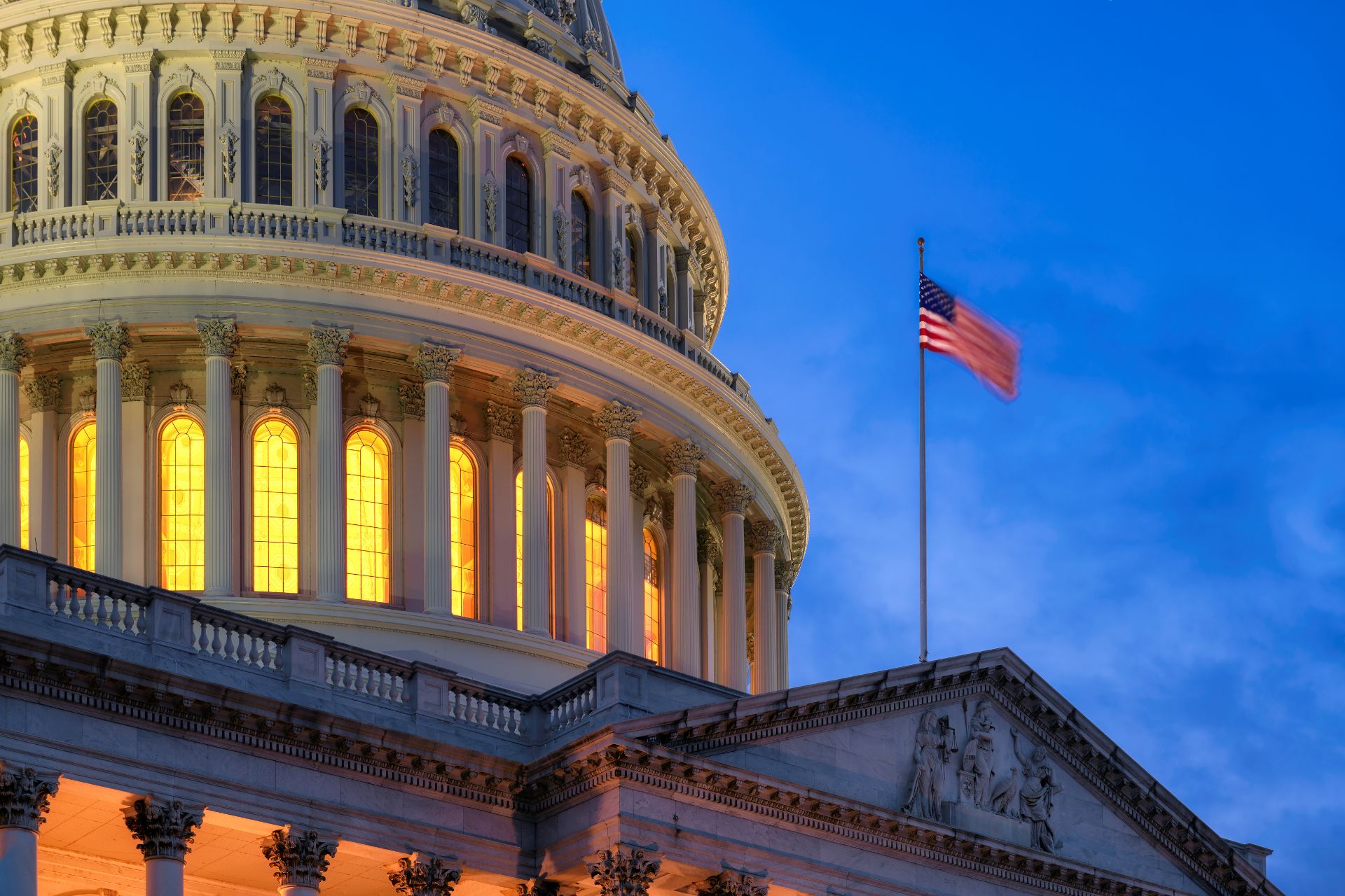 Evening view of the US Capitol, representing the connection between Public Administration vs Public Policy in shaping governance and public service.