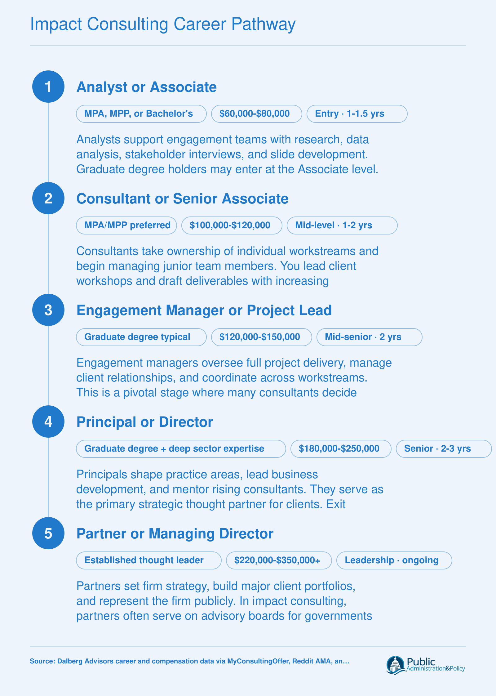 Five-level impact consulting career ladder from Analyst to Partner, showing 10-plus years of progression with salary bands from $60,000 to $350,000